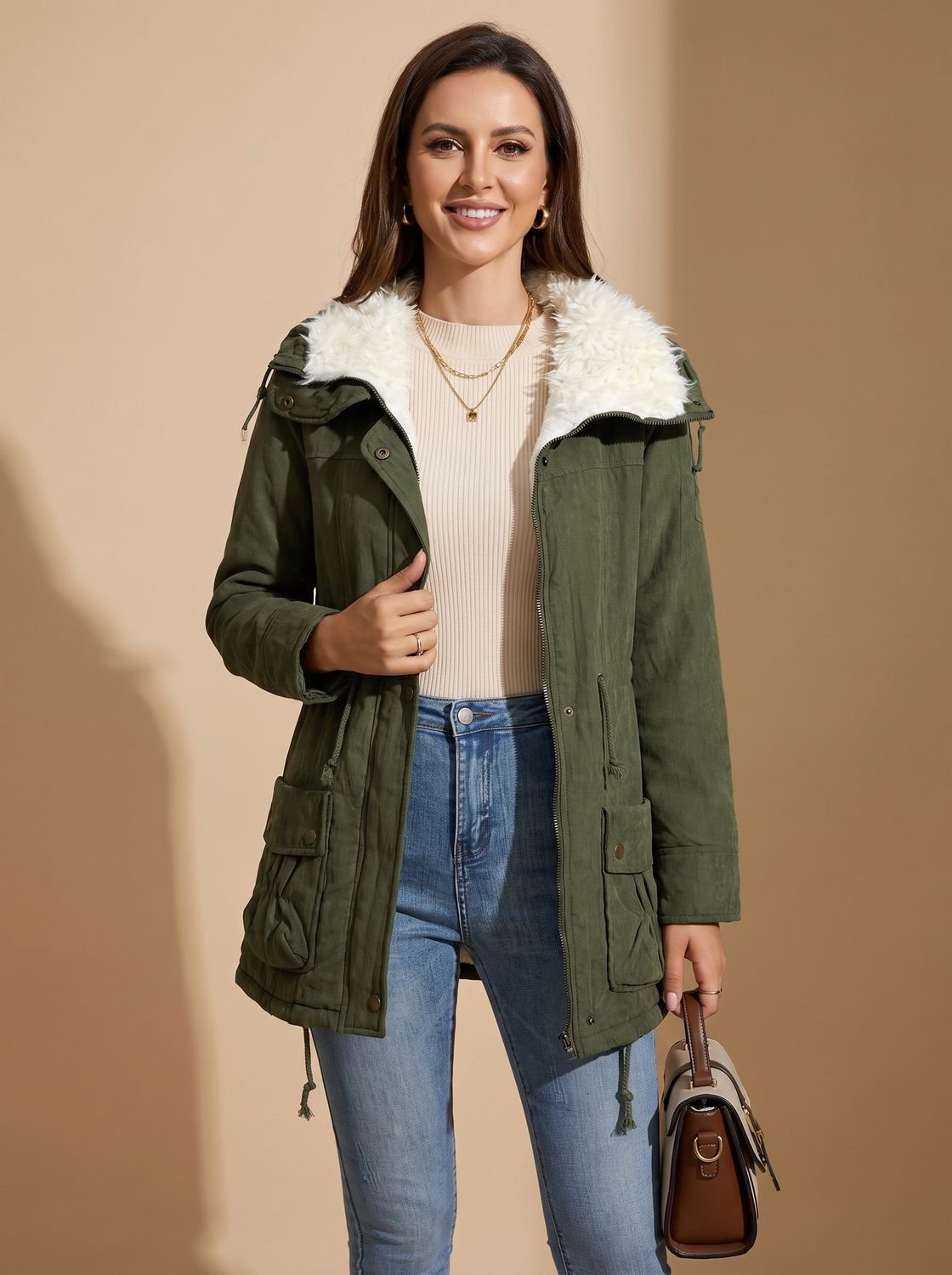 Women's Faux-Fur Collar Winter Parka Coat — Drawstring Waist 1