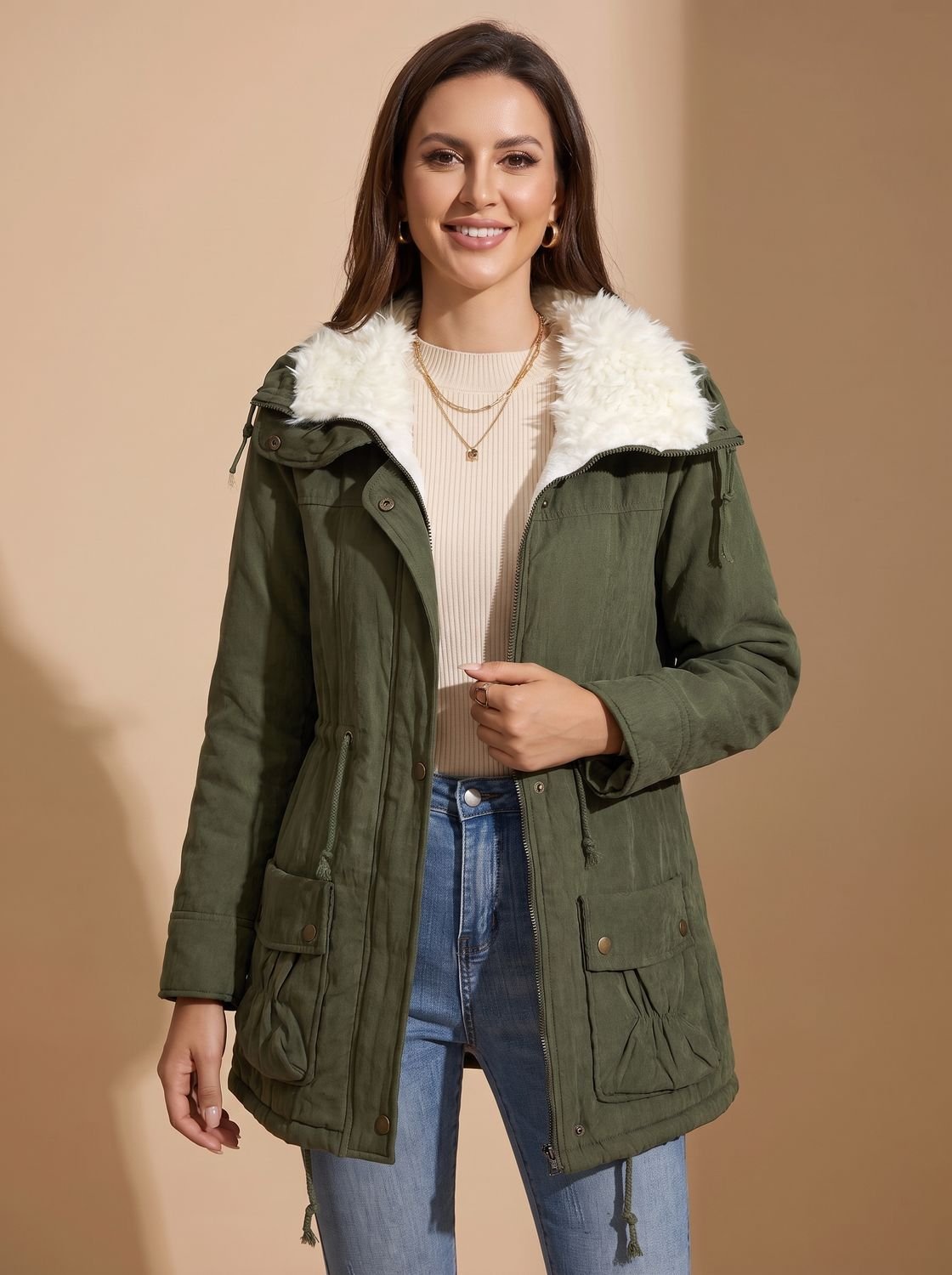 Women's Faux-Fur Collar Winter Parka Coat — Drawstring Waist 10
