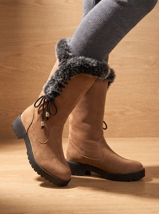 Women's Faux-Fur Knee-High Block Heel Snow Boots 1