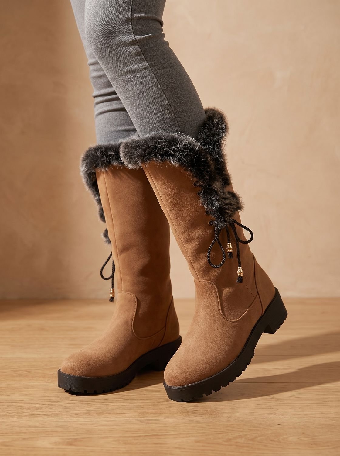 Women's Faux-Fur Knee-High Block Heel Snow Boots 6