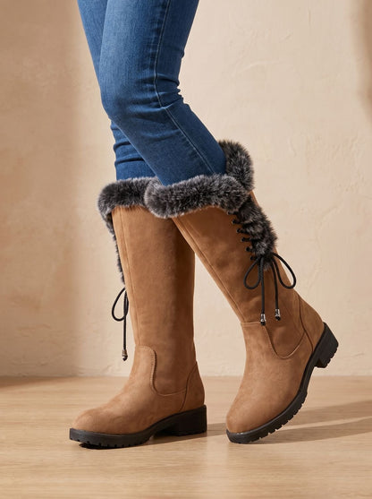 Women's Faux-Fur Knee-High Block Heel Snow Boots 7