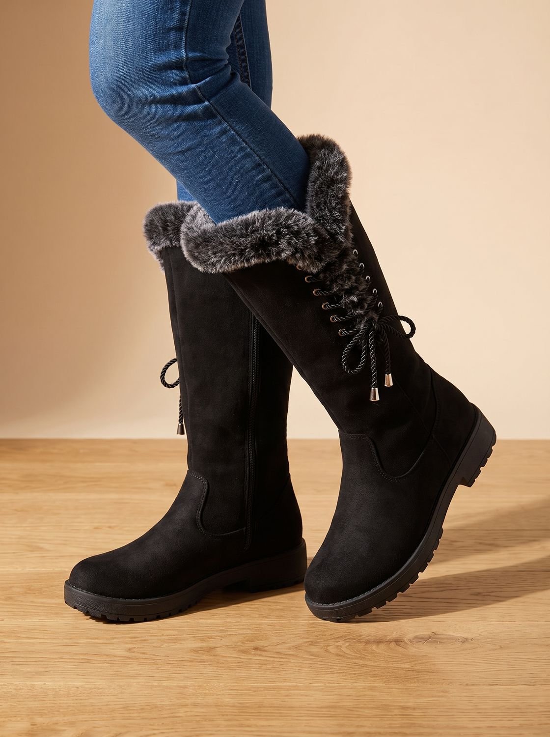 Women's Faux-Fur Knee-High Block Heel Snow Boots 8