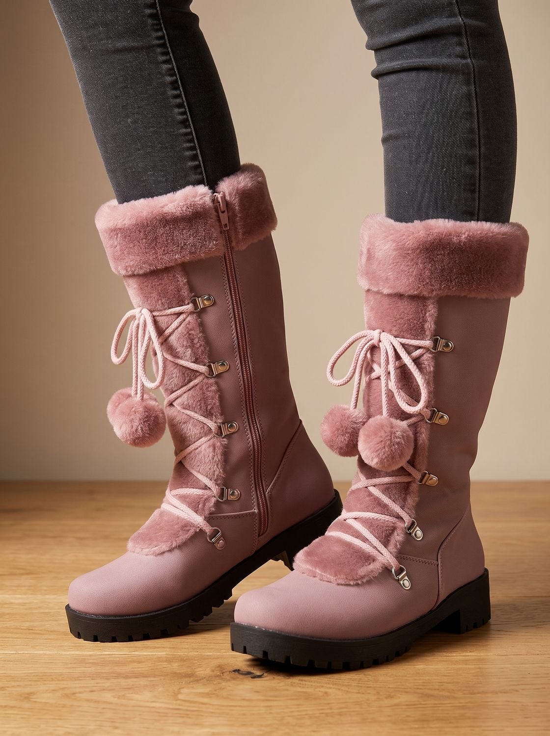 Women's Fur-Trimmed Lace-Up Mid-Calf Snow Boots 3