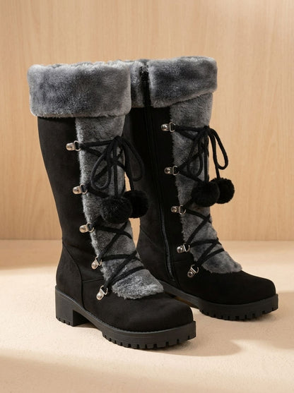 Women's Fur-Trimmed Lace-Up Mid-Calf Snow Boots 6