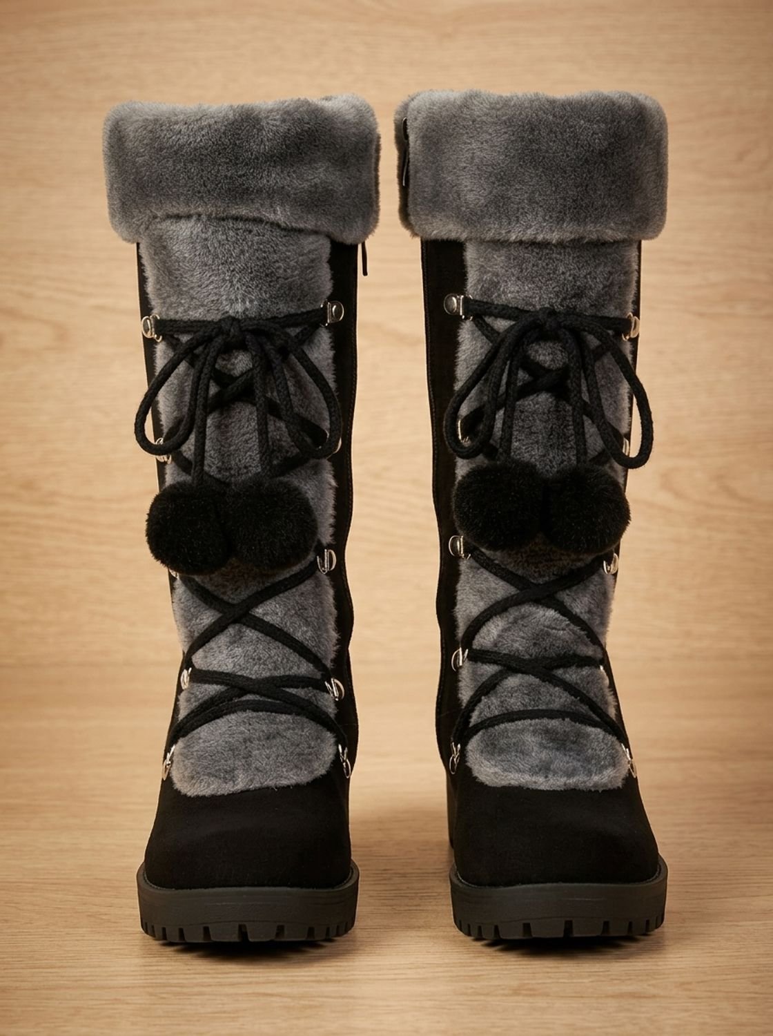 Women's Fur-Trimmed Lace-Up Mid-Calf Snow Boots 7