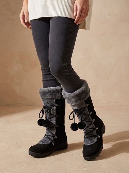 Women's Fur-Trimmed Lace-Up Mid-Calf Snow Boots 8