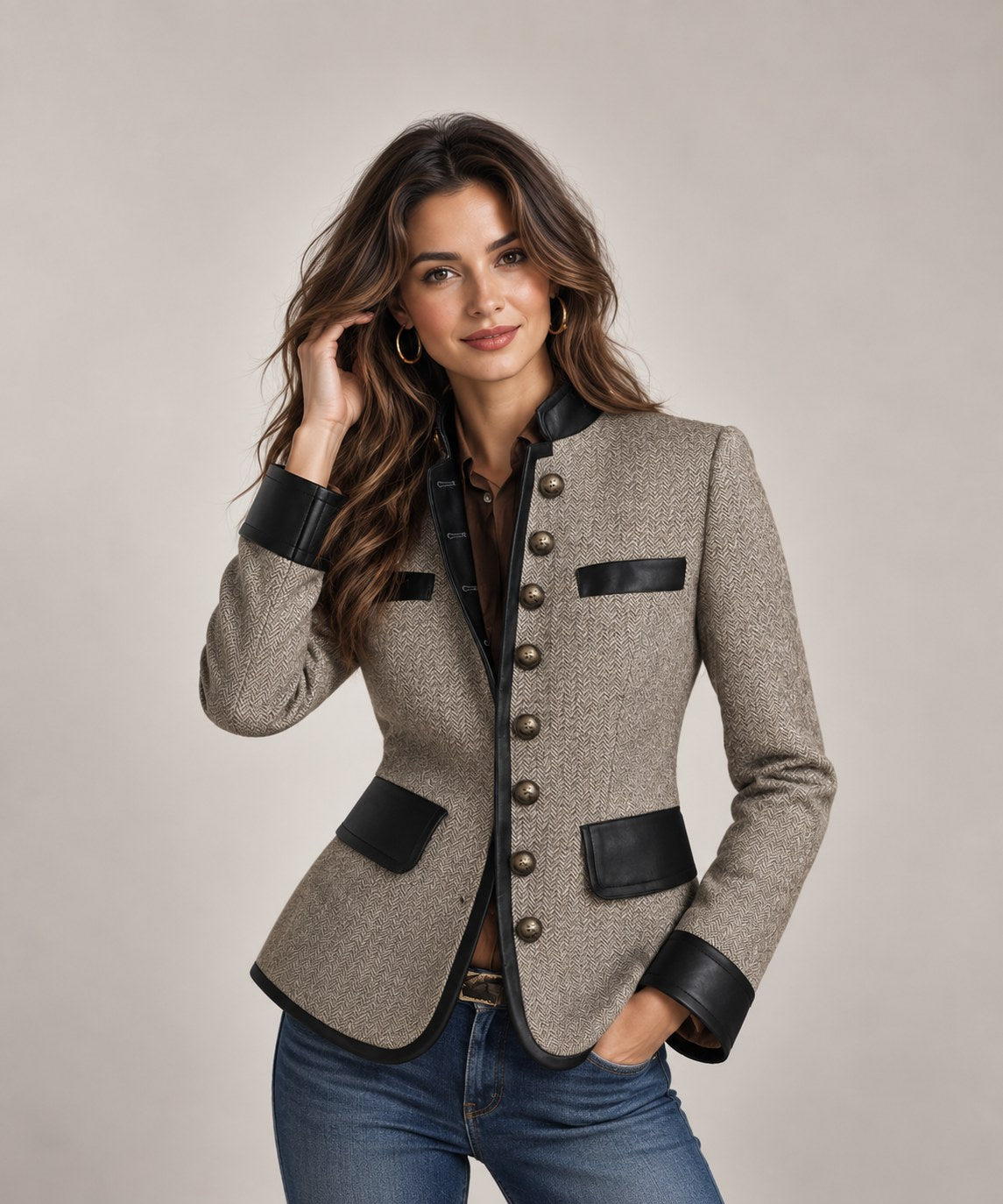 Women's Herringbone Tweed Blazer with Contrast Details & Stand Collar