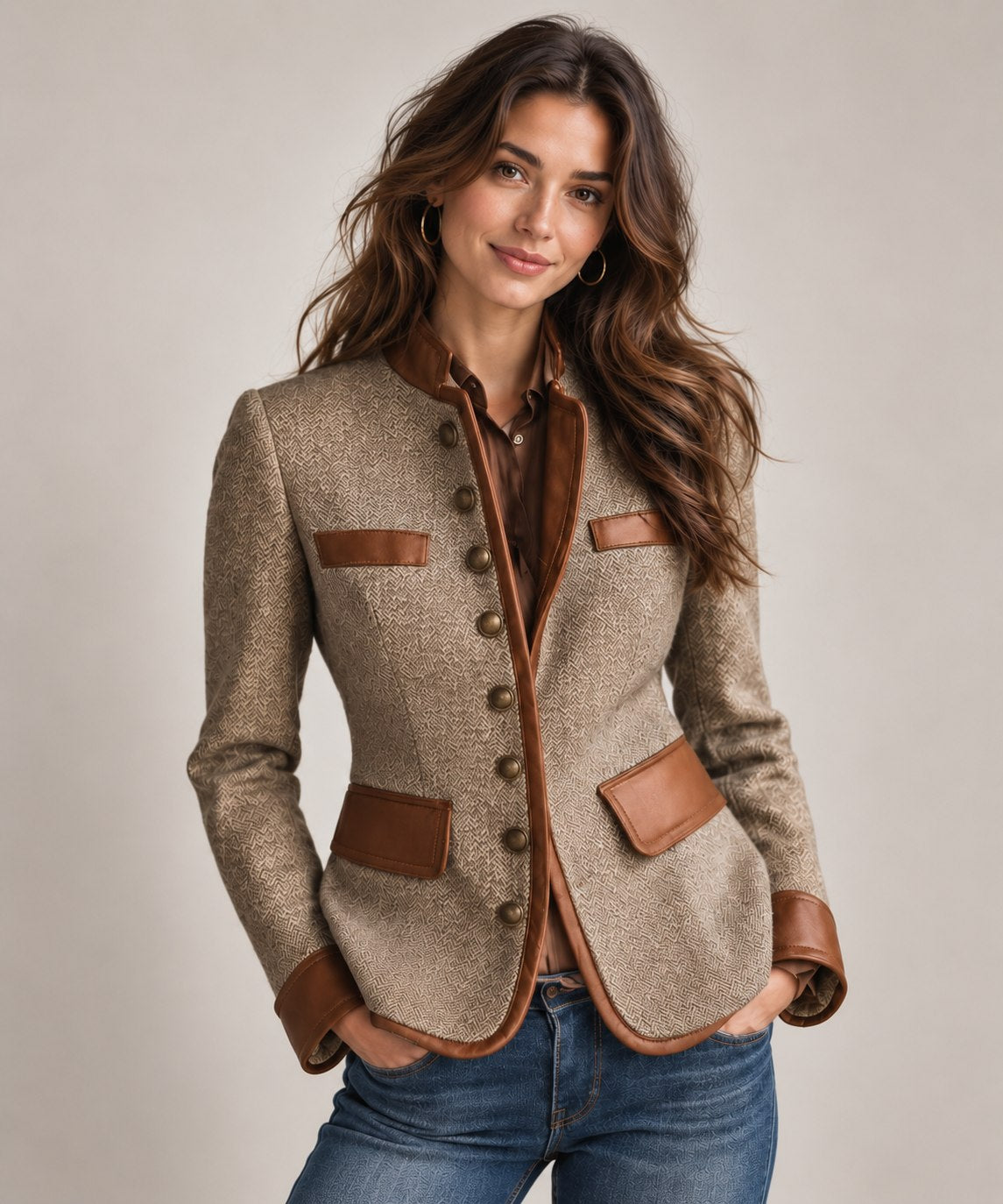 Women's Herringbone Tweed Blazer with Contrast Details & Stand Collar