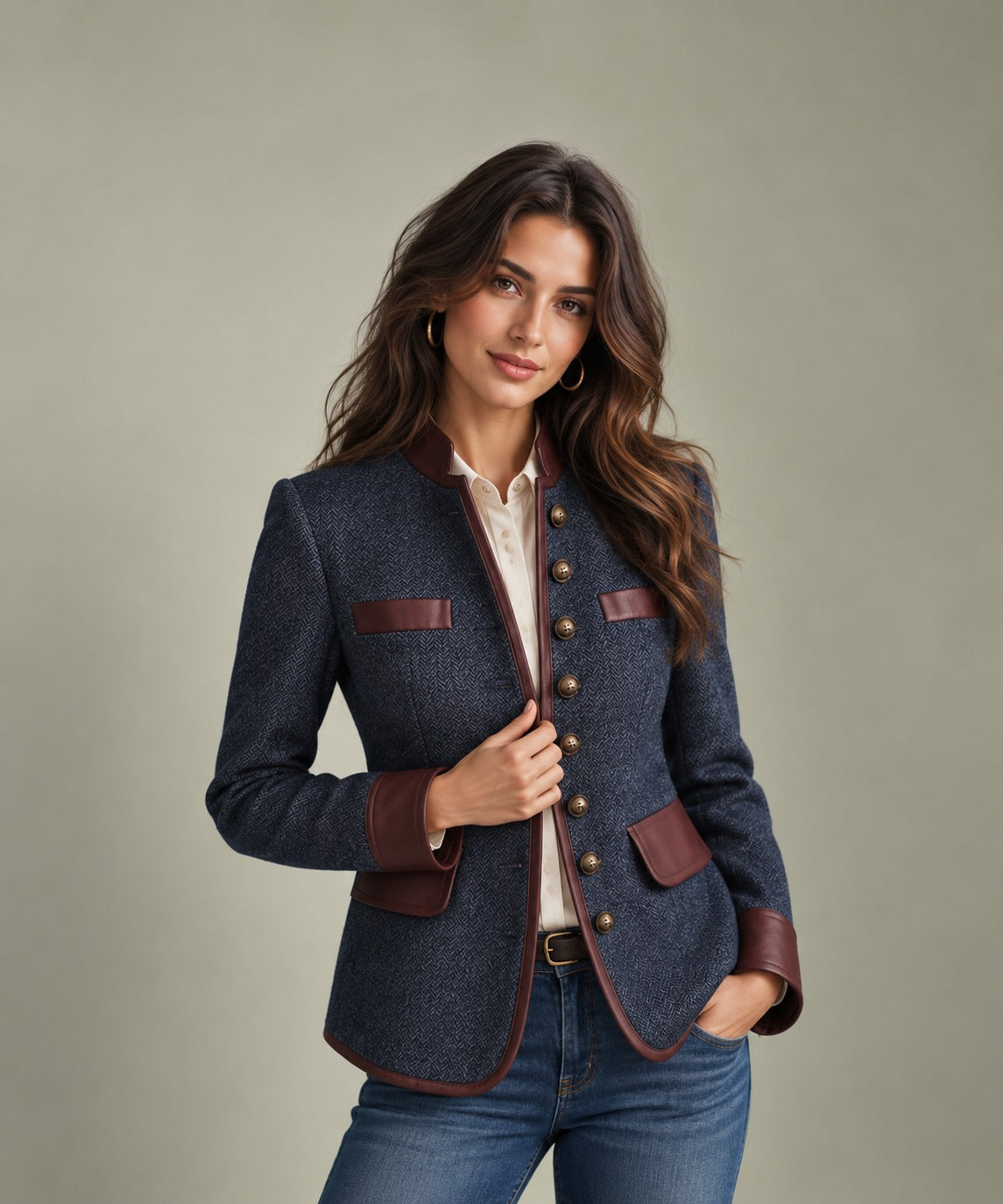 Women's Herringbone Tweed Blazer with Contrast Details & Stand Collar