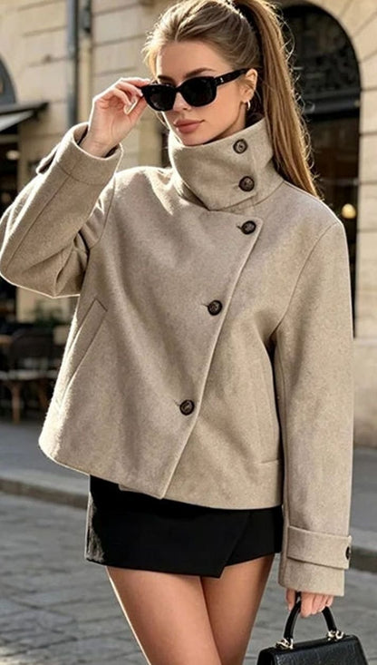 Women's Wool Blend Stand Collar Cropped Button Coat 2