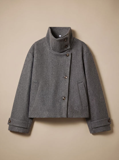 Women's Wool Blend Stand Collar Cropped Button Coat 15