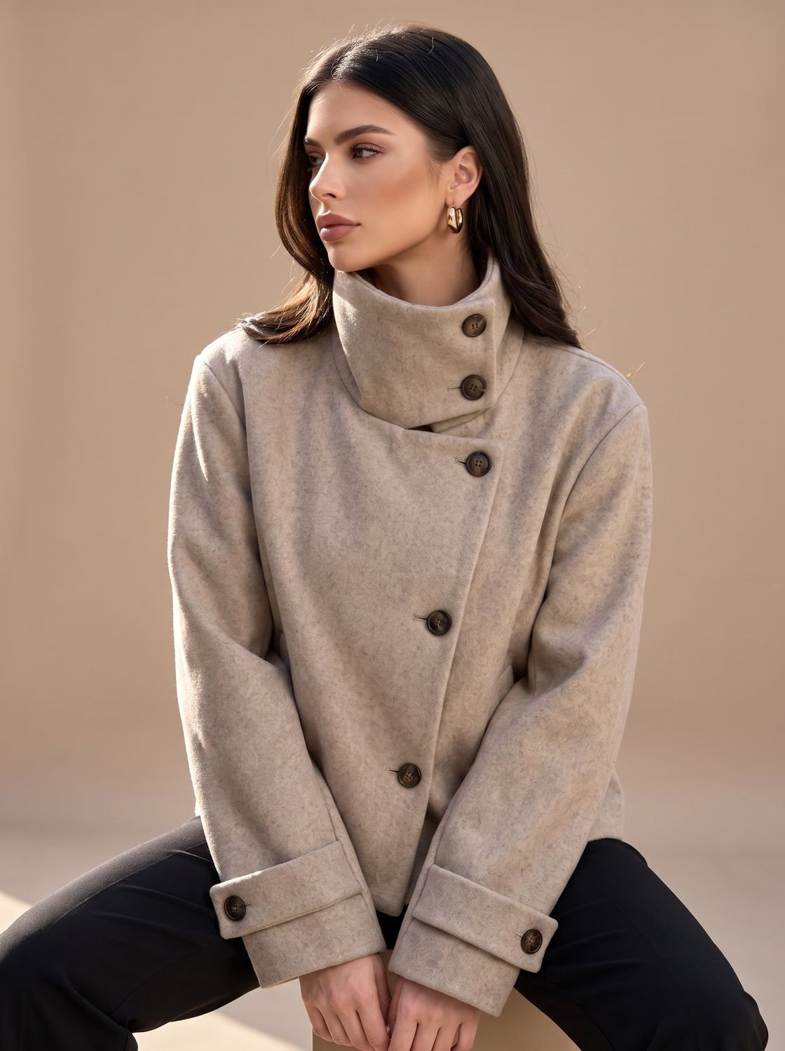Women's Wool Blend Stand Collar Cropped Button Coat 1