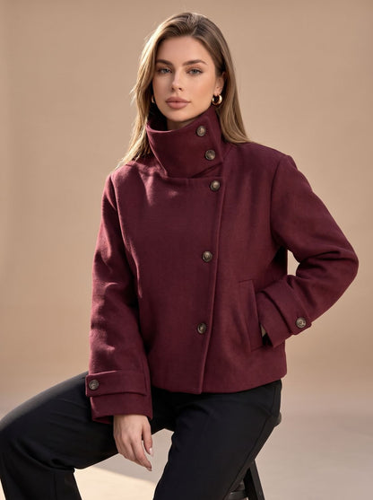 Women's Wool Blend Stand Collar Cropped Button Coat 3