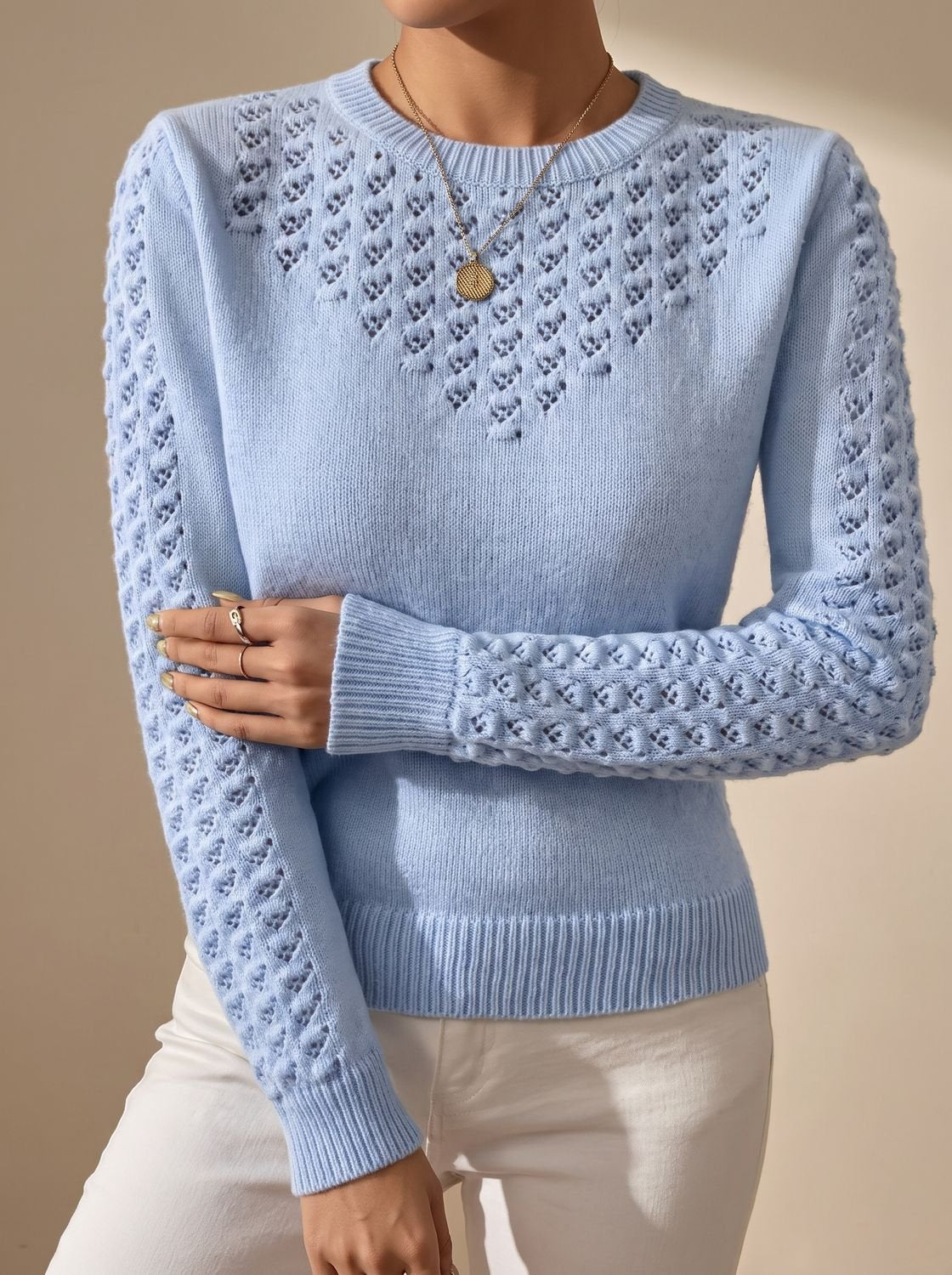 Women's Pointelle-Knit Cropped Long Sleeve Crew Neck Sweater 2