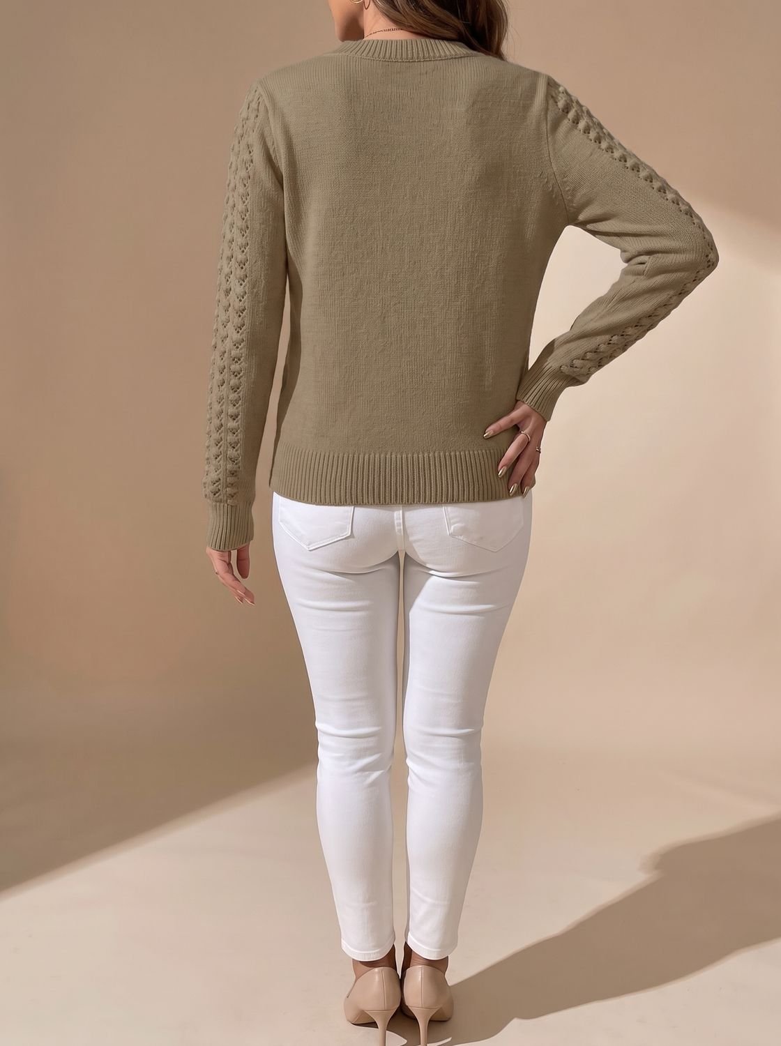 Women's Pointelle-Knit Cropped Long Sleeve Crew Neck Sweater 10