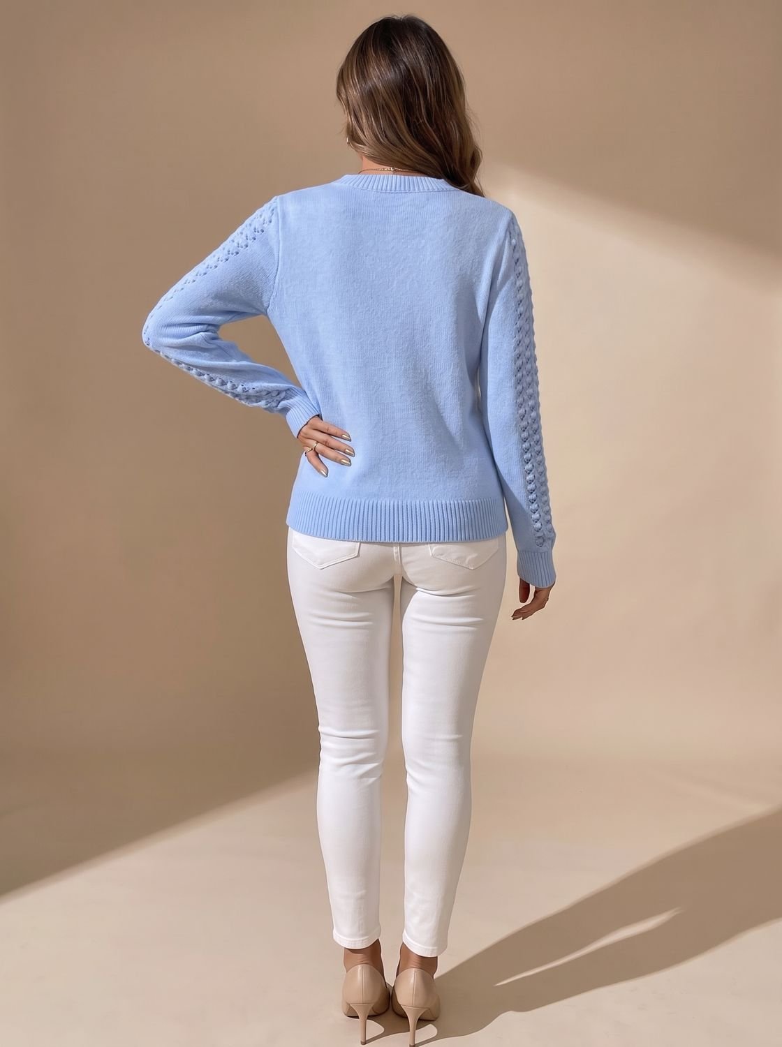 Women's Pointelle-Knit Cropped Long Sleeve Crew Neck Sweater 5