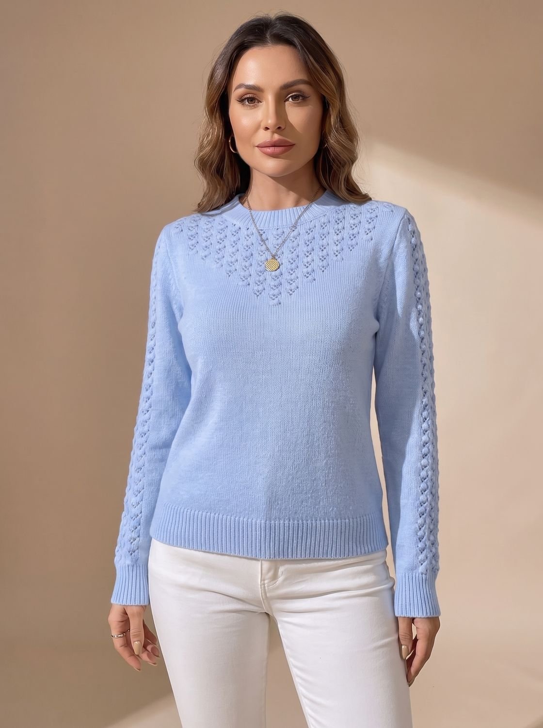 Women's Pointelle-Knit Cropped Long Sleeve Crew Neck Sweater 6