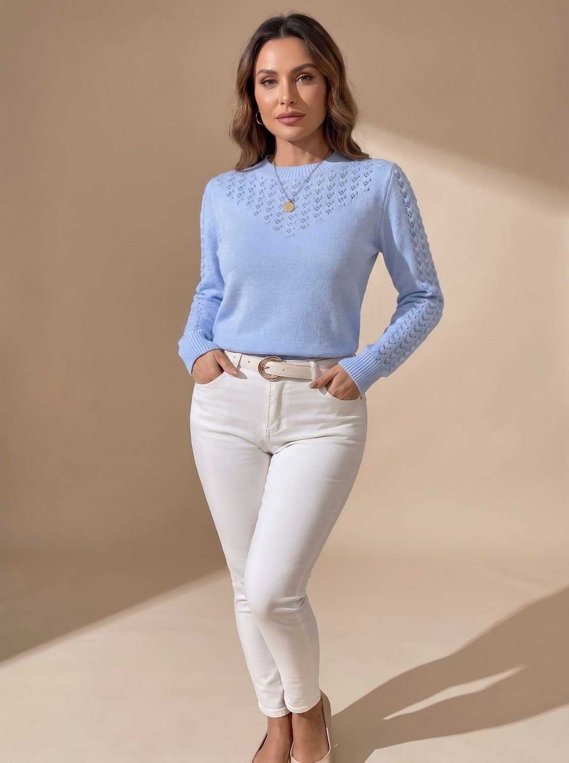 Women's Pointelle-Knit Cropped Long Sleeve Crew Neck Sweater 7