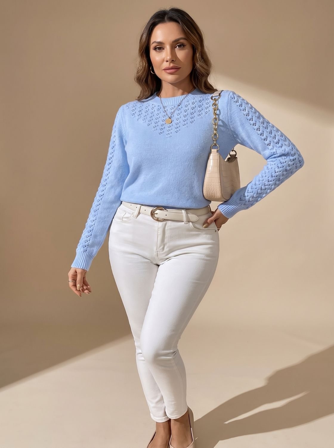 Women's Pointelle-Knit Cropped Long Sleeve Crew Neck Sweater 1