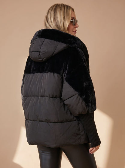 Women's Quilted Faux Fur Hooded Puffer Winter Jacket 5