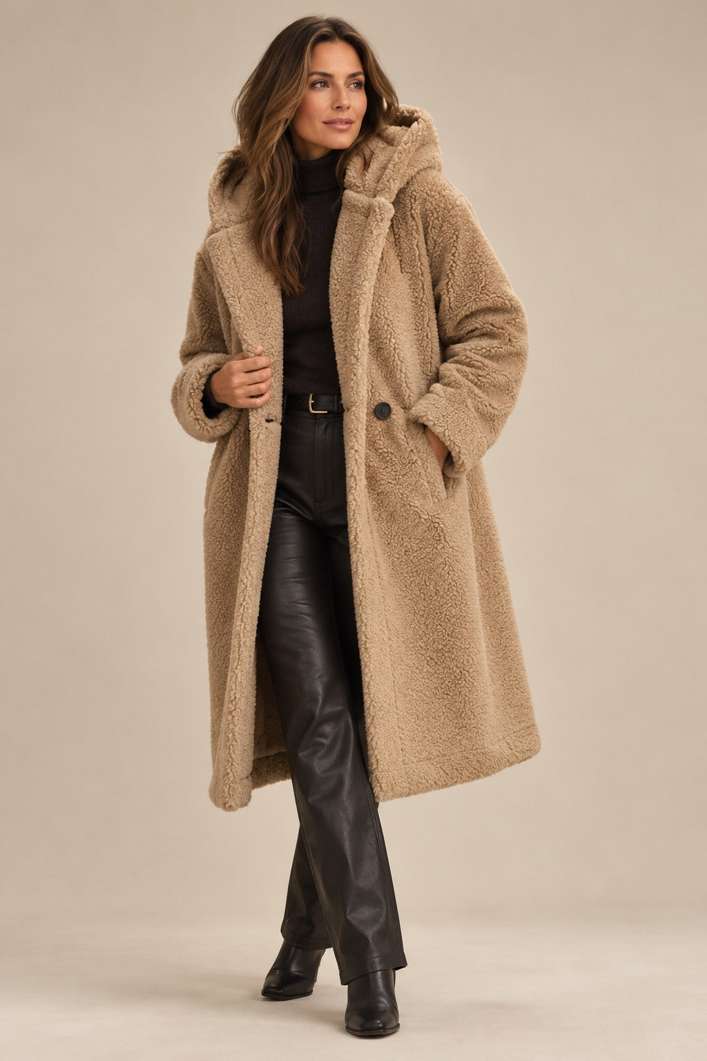 Women's Teddy Wool Coat Long with Hood — Elegant Warm Winter Coat