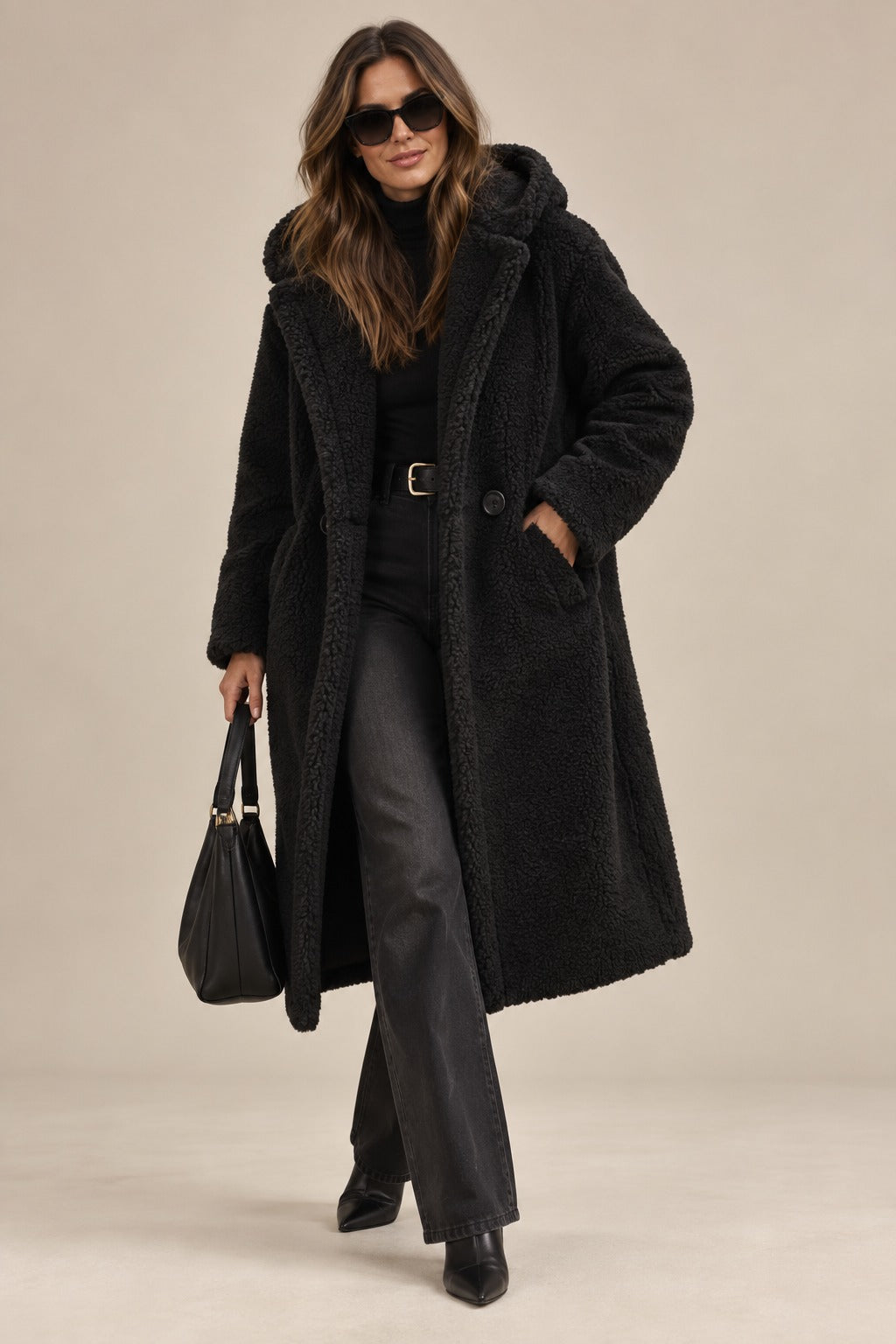 Women's Teddy Wool Coat Long with Hood — Elegant Warm Winter Coat
