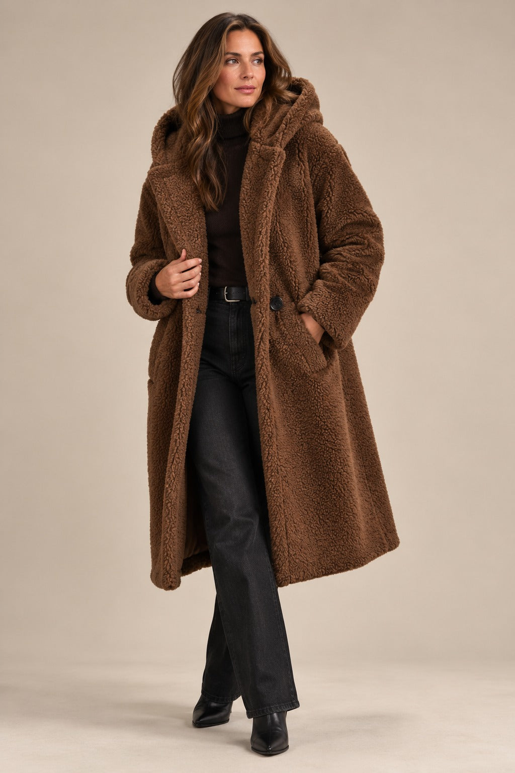 Women's Teddy Wool Coat Long with Hood — Elegant Warm Winter Coat