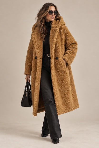 Women's Teddy Wool Coat Long with Hood — Elegant Warm Winter Coat