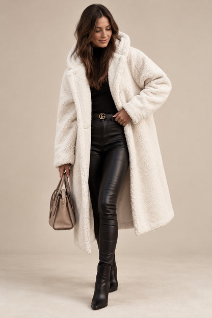 Women's Teddy Wool Coat Long with Hood — Elegant Warm Winter Coat