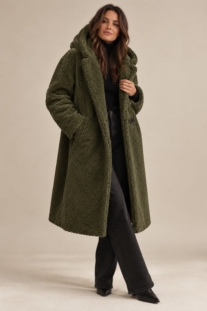Women's Teddy Wool Coat Long with Hood — Elegant Warm Winter Coat