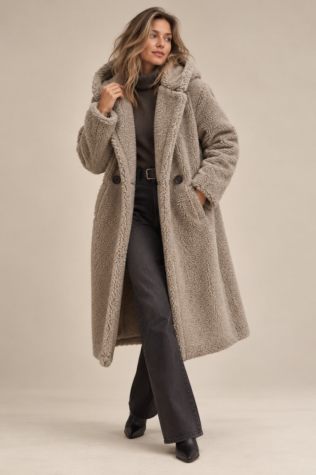 Women's Teddy Wool Coat Long with Hood — Elegant Warm Winter Coat
