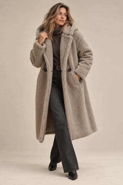 Women's Teddy Wool Coat Long with Hood — Elegant Warm Winter Coat